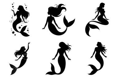 Fantezi Okyanusu ve Su altı Tasarımları için Denizkızı Silueti Vektör İllüstrasyonu