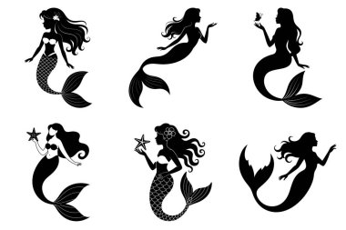 Fantezi Okyanusu ve Su altı Tasarımları için Denizkızı Silueti Vektör İllüstrasyonu