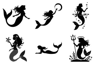 Fantezi Okyanusu ve Su altı Tasarımları için Denizkızı Silueti Vektör İllüstrasyonu
