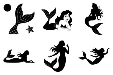 Fantezi Okyanusu ve Su altı Tasarımları için Denizkızı Silueti Vektör İllüstrasyonu