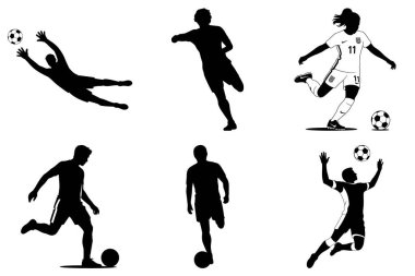 Dinamik Futbol ve Spor Tasarımları için Futbolcu Eylemi Siluet Vektör İllüzyonu