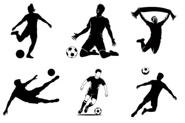 Dinamik Futbol ve Spor Tasarımları için Futbolcu Eylemi Siluet Vektör İllüzyonu