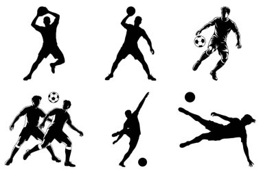 Dinamik Futbol ve Spor Tasarımları için Futbolcu Eylemi Siluet Vektör İllüzyonu