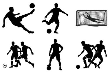 Dinamik Futbol ve Spor Tasarımları için Futbolcu Eylemi Siluet Vektör İllüzyonu