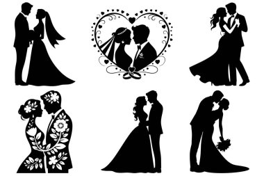 Gelin ve Damat Düğün Çifti Siluet Vektörü Romantik Aşk Çizimi