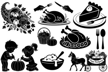 Şükran Günü Siluet Vektör İllüstrasyon Paketi (124; Türkiye, Hasat & Sonbahar Tatil Vektörleri)