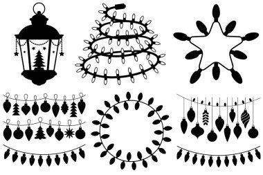 Christmas Light Siluet Vektör Çizim Çubuğu (124; Tatil Işıkları ve Kutlama Süsleme Vektörleri)