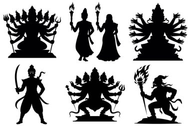 Dussehra Siluet Vektör İllüstrasyon Paketi (124; Hint Festivali Zafer ve Kutlama Vektörleri)