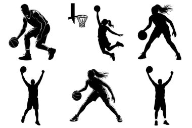 Basketbol oyuncusu Eylem Silueti Vektör İllüstrasyon Paketi (124; Spor Hareketi ve Smaç Vektörleri)