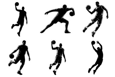 Basketbol oyuncusu Eylem Silueti Vektör İllüstrasyon Paketi (124; Spor Hareketi ve Smaç Vektörleri)