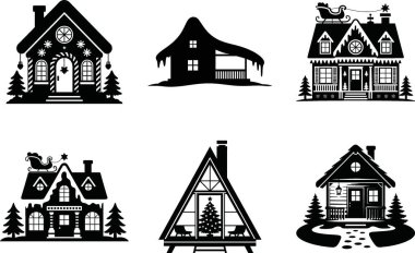 Noel Evi Silueti Vektör Paketi Bayram Evi ve Kış Köyü Clipart