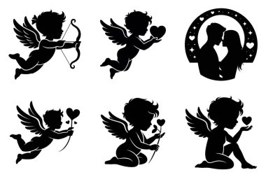 Sevgililer Günü Siluet Vektörü Romantik Aşk ve Kalp Elementleri Kümesi