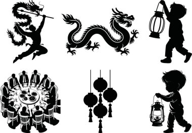 Çin Yeni Yıl Silüet Vektör Paket Ay Festivali, Zodiac & Kutlama Seçimi