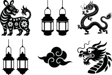 Çin Yeni Yıl Silüet Vektör Paket Ay Festivali, Zodiac & Kutlama Seçimi