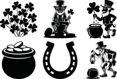 Aziz Patrick Günü Siluet Vektör Yonca, Leprikon ve İrlanda Kutlama Klipleri Seti