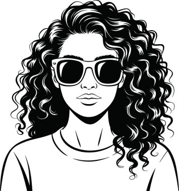 Güneş gözlüğü takan, beyaz bir arka planda izole edilmiş, grafik tasarım, moda ve yaşam tarzı projelerinde kullanılabilecek kıvırcık saçlı bir kadının siyah-beyaz çizimi..