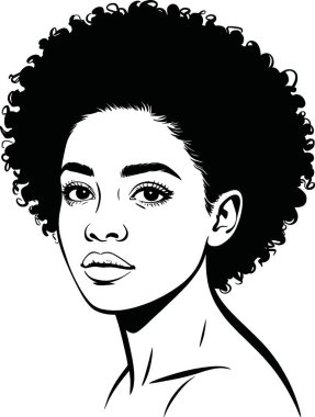 Bu, kıvırcık saçlı, yüz hatlarına ve saç stiline odaklı detaylı bir portre sergileyen, grafik tasarım, reklamcılık ve editoryal içerikte kullanmak için mükemmel bir siyah beyaz vektör çizimi..