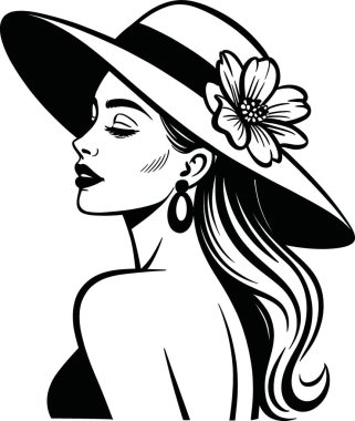 Bir çiçekle süslenmiş bir şapka takan, sofistike ve şık bir tasarım sergileyen, moda markalaşması, editoryal içerik veya lüks ürün reklamcılığı için mükemmel bir kadın resmi, şeffaf bir arka planda..