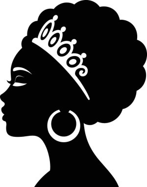 Bu siyah siluet, beyaz arka planda duran, taç ve büyük halka küpeler takan Afrikalı bir kadının profili. Görüntü zarafet ve kültür mirası taşıyor, markalaşma ve reklamcılık için uygun hale getiriyor..