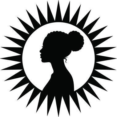 Beyaz arka planda güneş patlaması sembolü ile çevrili siyah bir siluet çarpıcı ve zarif bir görsel tasarım yaratıyor, grafik tasarım, marka ve kültürel projeler için mükemmel..