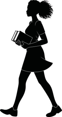 Genç Afrikalı Amerikalı bir kadının elinde beyaz bir arkaplanda, eğitim, okur yazarlık ve yetkilendirmeyi temsil eden, çeşitli tasarım projeleri ve yayınlar için uygun bir kitap tutarken yürüdüğü siyah bir siluet..