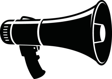 Bu, iletişimi, duyuruyu ya da protestoyu sembolize eden bir megafonun siyah beyaz çizimi. Megafon, logolar, simgeler veya grafikler gibi çeşitli tasarım uygulamaları için uygun hale getirilerek basit ve cesur bir şekilde resmedilmiştir..