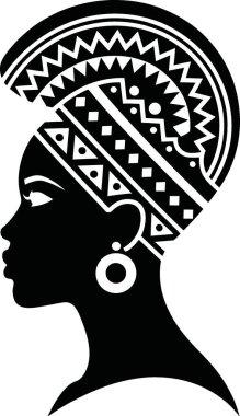 Bu geleneksel kabile başlığı takan Afrikalı bir kadının siluetinin siyah-beyaz bir temsili, kültürel ve etnik temalı tasarımlar, markalaşma ve editoryal içerik için ideal. Resim şeffaf bir arkaplanda izole edilmiştir..