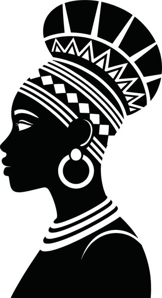 This is a black and white vector illustration of an African woman's silhouette, adorned with traditional headwear and jewelry, set against a white background. The image is perfect for use in cultural and ethnic-themed designs, branding.