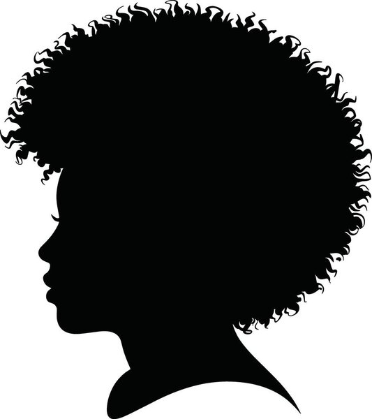 This is a black silhouette illustration of a person's profile with an afro hairstyle, isolated on a white background, ideal for graphic design projects, representing diversity and cultural identity.