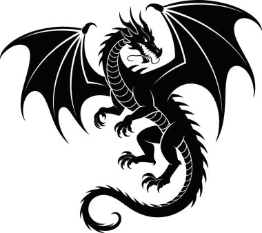Dinamik ve izole bir şekilde duran efsanevi bir ejderhanın çarpıcı siyah beyaz vektör çizimi. Bu yüksek detaylı grafik gösterileri karmaşık ölçekler, vahşi ifade ve geniş kanatlar, fantezi temalı projeler, logolar, kitap kapakları için mükemmel.