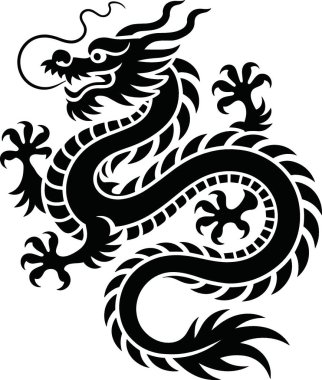 Beyaz arka planda akmakta olan yelesi ve kuyruğu ile dinamik bir pozda tasvir edilmiş, biçimlendirilmiş bir Çin ejderhasının siyah ve beyaz vektör çizimi. Ejderhanın tasarımı karmaşık detaylar ve kalıplar içerir..
