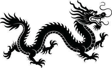 Bir Çin ejderhasının çarpıcı siyah silueti, dinamik bir pozla tasvir edilmiş yeleli ve keskin pençeli, temiz beyaz bir arkaplan üzerine kurulmuş. Bu vektör çizimi, kültürel semboller gibi çeşitli tasarım projelerinde kullanmak için mükemmeldir..
