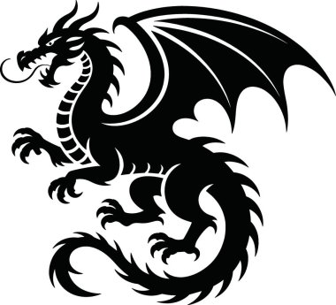Bu görüntü, kanatları açık ve pençeleri açık, karmaşık detaylarla dolu, dinamik bir siyah ejderha siluetini gösteriyor. Ejderhanın tasarımı, dövmeler gibi çeşitli grafik tasarım projeleri için uygun, cesur ve stilize edilmiş..