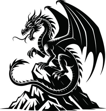 Dağların zirvesinde uzanmış kanatları ve keskin pençeleriyle dinamik bir pozla betimlenmiş çarpıcı bir siyah ejderha vektör çizimi. Görüntü, çarpıcı ve efsanevi bir atmosfer yaratan kalın çizgiler ve gölgeler içeriyor..