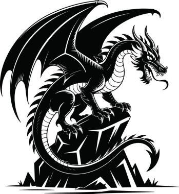 Bir kaya oluşumuna tünemiş bir ejderhanın ayrıntılı siyah-beyaz çizimi kanatları açık ve ağzı açık bir şekilde sergileniyor. Görüntü, çarpıcı bir etki yaratan kalın çizgiler ve gölgeleme içeriyor. Grafik tasarım projelerinde kullanmak için ideal.