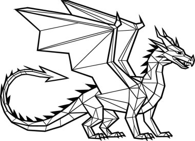 Üçgenler ve çizgiler kullanarak oluşturulmuş, çokgen dizaynlı siyah ve beyaz bir ejderha çizimi. Ejderha dinamik bir pozla tasvir edilir. Kanatları genişçe açılır ve keskin dişleri ve pençeleri sergilenir. Bu çok yönlü vektör grafiği.