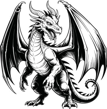 Bu, kanatları geniş vahşi bir ejderhanın detaylı bir siyah-beyaz çizimi. Ejderhanın kaslı bir yapısı keskin pençeleri ve tehditkar bir ifadesi vardır. Vücudu pullarla kaplı ve kafasında iki büyük boynuzu var..