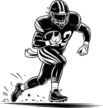 Tam teçhizatlı bir Amerikan futbolcusunun, bir futbol topunu tutarken enerjik bir şekilde koşarkenki dinamik siyah-beyaz çizimi. Bu kalın, yüksek kontrastlı tasarım bir oyun anının yoğunluğunu ve odak noktasını yakalar.