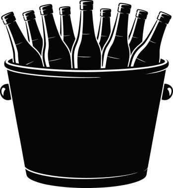 Koyu yeşil şarap şişeleriyle dolu klasik metal bir buz kovası içeren zarif bir vektör çizimi, yaz partileri, kutlamalar veya lüks etkinlikler için mükemmel. Temiz, minimalist tasarım, parlak siyah kovalı ve parlak..