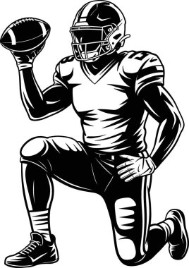 Bu yüksek enerjili vektör illüstrasyonu, kasklar ve pedler de dahil olmak üzere, futbol topunu havada dinamik bir şekilde yakalayan, tam üniformalı bir Amerikan futbolcusunu tasvir ediyor. Cesur, stil sahibi sanat eserleri, spor için mükemmel olan hareket ve yoğunluğu yakalar..