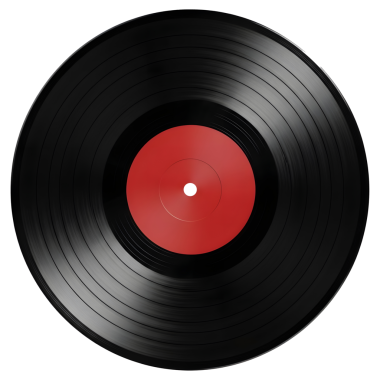 Siyah plağın yüksek çözünürlüklü görüntüsü ve canlı kırmızı bir merkezi var. Plak, müzik temalı projeler, albüm kapakları veya klasik-esinlenmiş grafikler için ideal, farklı yivler ve klasik bir tasarım içeriyor..