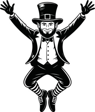 Bu canlı ve eğlenceli vektör illüstrasyonunda dans ortasında, klasik bir siyah silindir şapka, beyaz eldivenler ve çizgili çoraplı şık bir smokin giyen neşeli bir sihirbaz karakteri yer alır. Enerjik duruş ve neşeli ifade.
