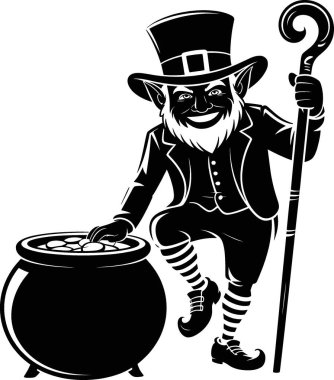 Klasik bir silindir şapka ve çizgili pantolon giymiş sihirli bir baston tutan tuhaf bir leprikon sihirbazın büyüleyici ve eğlenceli bir çizgi film çizimi. Bu canlı ve detaylı vektör tasarımı St. Patrick 's için mükemmel..
