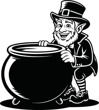 Silindir şapka ve çizgili çoraplar giyen, elinde iki eliyle büyük bir kazan tutan neşeli bir sihirbazın büyüleyici ve eğlenceli bir çizgi film çizimi. Bu yüksek kaliteli vektör tasarımı cesur hatlar, canlı renkler ve dostane bir ifade içerir..