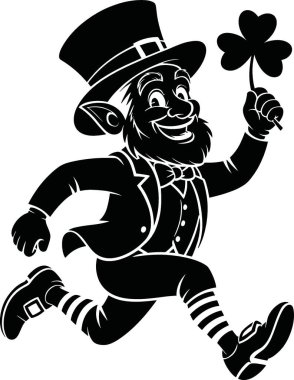 Bu canlı vektör illüstrasyonunda komik bir sirk palyaçosu, klasik bir siyah silindir şapka, çizgili çoraplar ve resmi bir takım elbise giyiyor. Karakter mutluluk saçıyor, elinde büyük bir yonca süsü tutuyor, Aziz Patrick Günü kutlamaları için mükemmel.