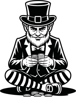 Bu ayrıntılı vektör illüstrasyonunda silindir şapkalı ve smokinli klasik bir sihirbaz etkileyici bir bozuk para numarası yapıyor ve iki elinde de ustalıkla bozuk paraları dengeliyor. Cesur siyah-beyaz tasarım zamansız, klasik sihir gösterisi havasını yakalıyor.
