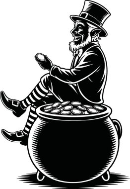 Bu canlı vektör illüstrasyonunda silindir şapkalı neşeli bir sihirbaz altın sikkelerle dolup taşan büyük bir kazanı karıştırıyor. Oyuncu ve karikatürist stili, sihir, zenginlik ve fantezi duygusunu çağrıştırıyor.