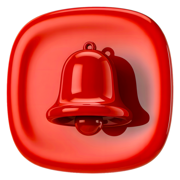 Kırmızı arkaplana karşı parlak bir bitiş çizgisi olan canlı bir kırmızı çan simgesi. Tasarım, web tasarımı, mobil uygulamalar ve dijital pazarlama materyallerinde kullanılmak üzere temiz ve moderndir. Çan simgesi merkezde ve öne çıkıyor..