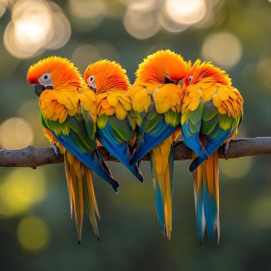 Üç papağanın bir dala tünediği canlı ve iç açıcı bir sahne, sarı, turuncu, yeşil ve mavi tüylerin gölgeleriyle baş döndürücü tüylerini sergiliyor. Kuşlar vücutlarıyla bir kalp şekli oluşturacak şekilde konumlandırılmışlardır..