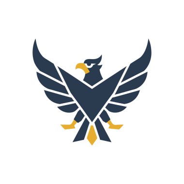 Geniş kanatları ve keskin bakışları olan cesur grafik kartal amblemi, gücü ve özgürlüğü vurgulayan modern geometrik stil.